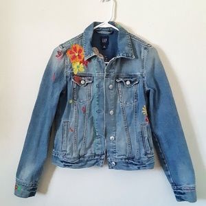 GAP Distressed Embroidered Button Down Jean Jacket